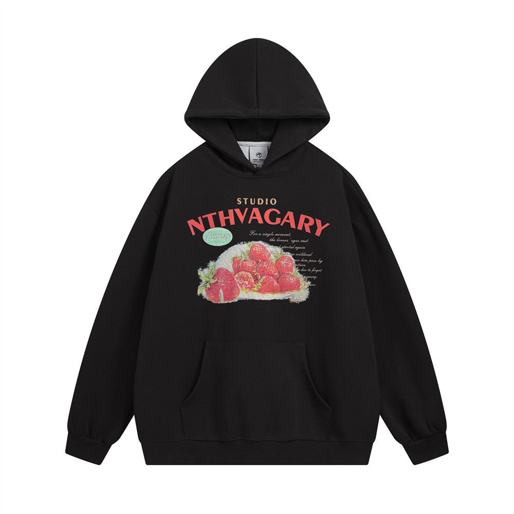 Strawberry Print Hooded Sweatshirt American Style Trendy Brand Men's Loose Casual Pullover Long Sleeve Autumn Winter_viptrois.com