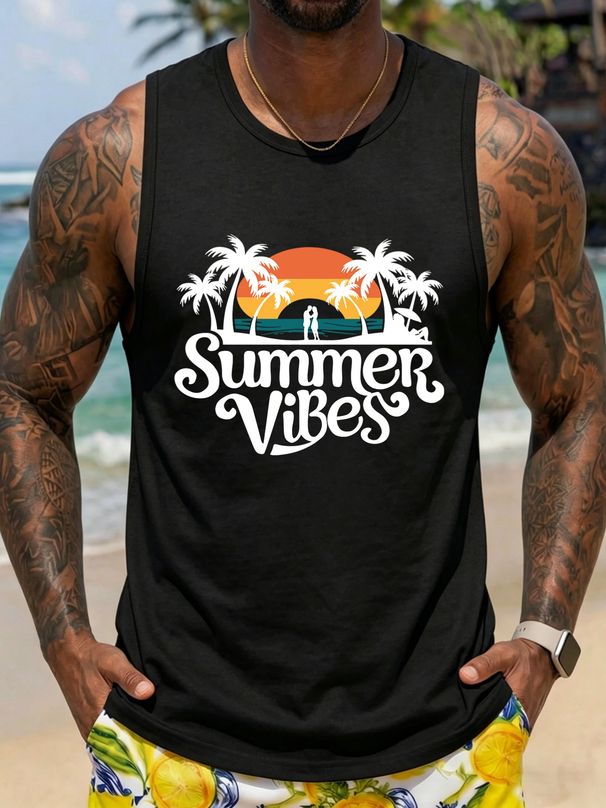 Canotta Uomo Girocollo 100% Cotone Stampa Vacanze Estive Morbida Traspirante Senza Maniche Casual Quotidiano Multicolore_viptrois.com