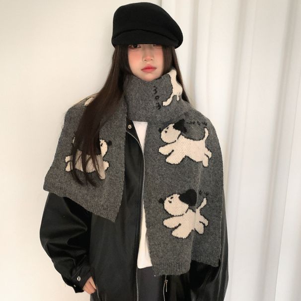 Cute cartoon dog with wool knitted women in Korean style, creating an atmosphere autumn winter. Warm versatile scarf for_viptrois.com