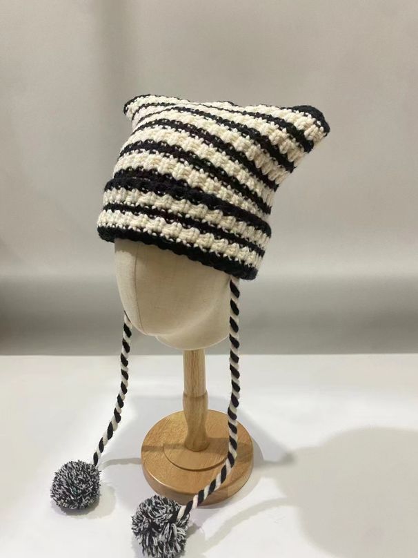Little Devil Striped Ball Knitted Woolen For Women In Autumn Winter, Cute And Funny Cat Ears, Pullover Hat_viptrois.com