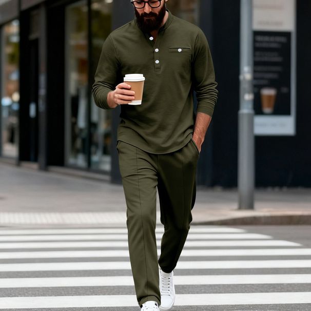 Men's Twill Henley & Lounge Pants Set - 100% Polyester Casual Two-Piece (7 Colors, S-XXXL)_viptrois.com