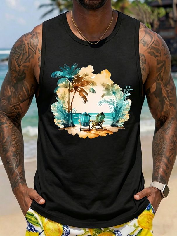 Canotta Uomo Girocollo 100% Cotone Stampa Sdraio E Palme Morbida Traspirante Senza Maniche Vacanze Spiaggia Estiva Multicolore_viptrois.com