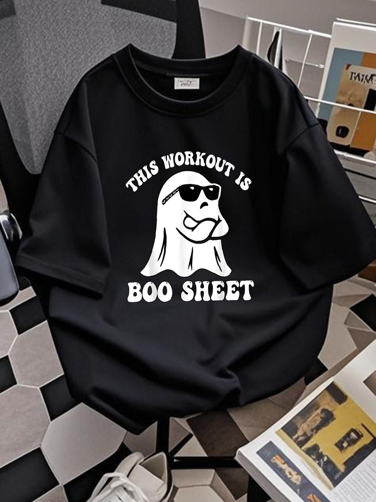 This Workout Is Boo Sheet Halloween Ghost Exercise Gym T-Shirt Print Round Neck Short Sleeve Breathable Casual Versatile Women Top Graphic Tees Soft Top For Everyday Wear Female Women Unisex Comfortable Graphic Stretched Stylish Designer Clothes_viptrois.com