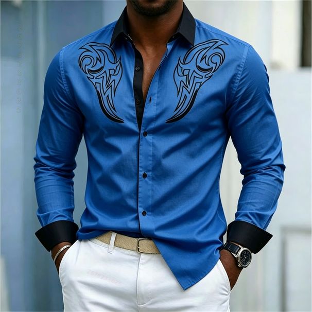 Camisa De Hombre Con Bloques De Color, Camisa De Manga Larga Con Estampado De Tótem, Camisa De Estilo Urbano, Informal De Negocios, Ropa Para Hombre_viptrois.com