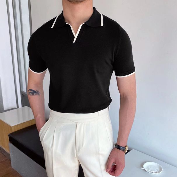 Fashion Simple Casual Summer New Panelled Polo Shirt Men's Lapel Patchwork Versatile Short Sleeved Versatile Slim Elasticity Top_viptrois.com