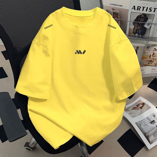 American 100% Pure Cotton T-shirt Summer Men's And Women's Short Niche Yellow Ins Letter Printed Half Sleeved Top_viptrois.com