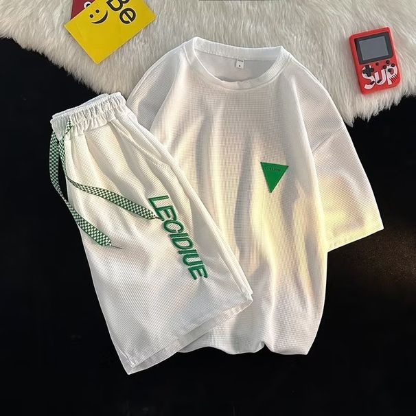 Men's Clothing Letter embroidered two piece leather label T shirt sports short sleeved suit men's summer new Hong Kong style loose casual shorts_viptrois.com
