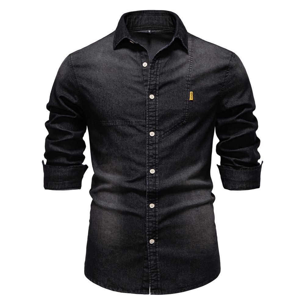 2025 Spring New Product European Casual Solid Color Men's Long Sleeve Denim Shirt Men_viptrois.com