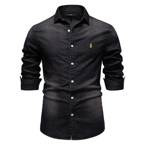2025 Spring New Product European Casual Solid Color Men's Long Sleeve Denim Shirt Men_viptrois.com