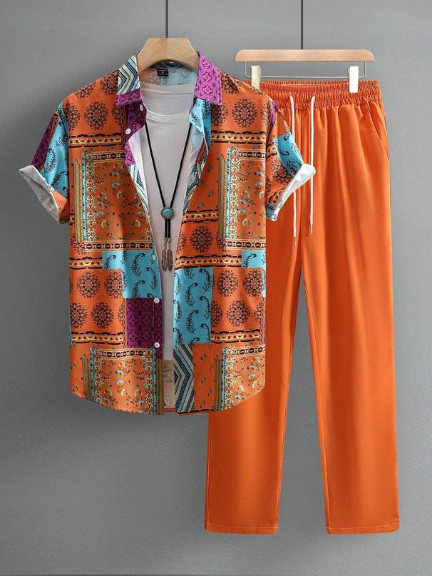 Men's Clothing Fashion Casual Ethnic Style Printed Short Sleeved Shirt Trousers Suit Breathable And Comfortable_viptrois.com