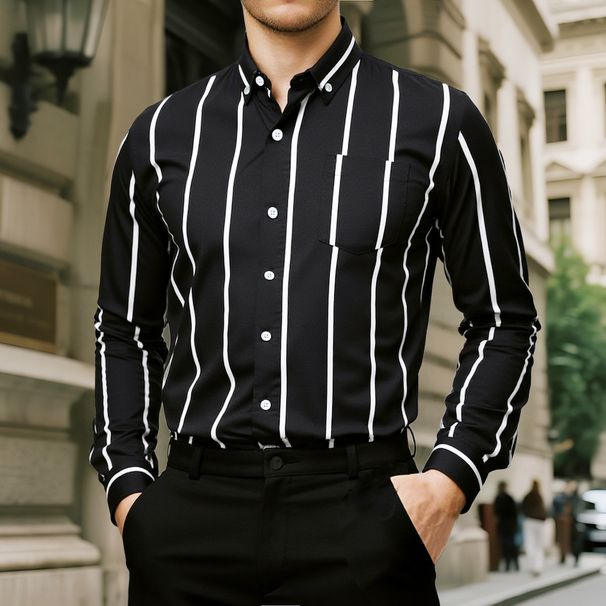 Men's Slim-Fit Striped Long Sleeve Shirt – Wrinkle-Resistant Business Casual With Chest Pocket (M-5XL)_viptrois.com