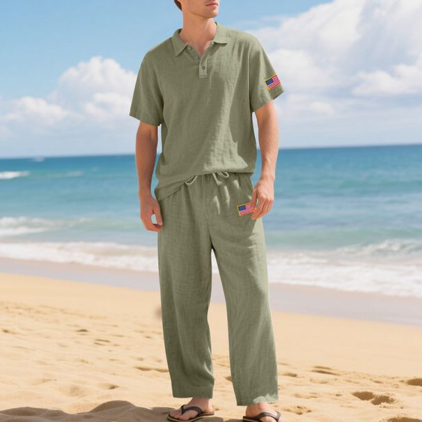 Men's Linen Set Short Sleeve Loose Collar Casual Sports Pants Independence Day Arrival Summer_viptrois.com