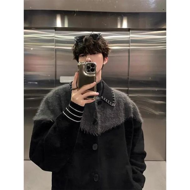 Autumn And Winter Collar Cardigan Sweater, Men's Thick Color Blocked Knit Sweater, Loose Sweater Jacket, Student Top_viptrois.com