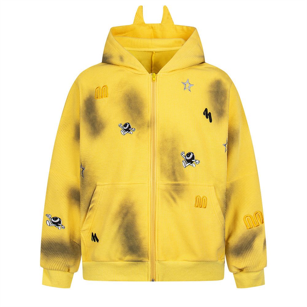 Wasteland Punk Spray Paint Dirty Jacket Spring Autumn Men's Embroidered Letter Design Horn Hooded Cardigan Sweatshirt_viptrois.com