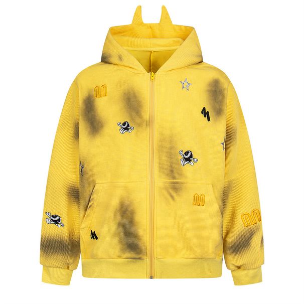 Wasteland Punk Spray Paint Dirty Jacket Spring Autumn Men's Embroidered Letter Design Horn Hooded Cardigan Sweatshirt_viptrois.com