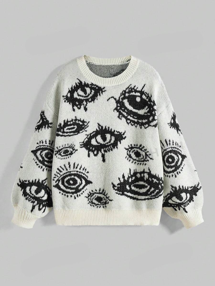 Men's & Women's Oversized Sweater - Unique Jacquard Pattern Crewneck Long Sleeve Knitwear, Cozy Winter Pullover With Artistic Design_viptrois.com