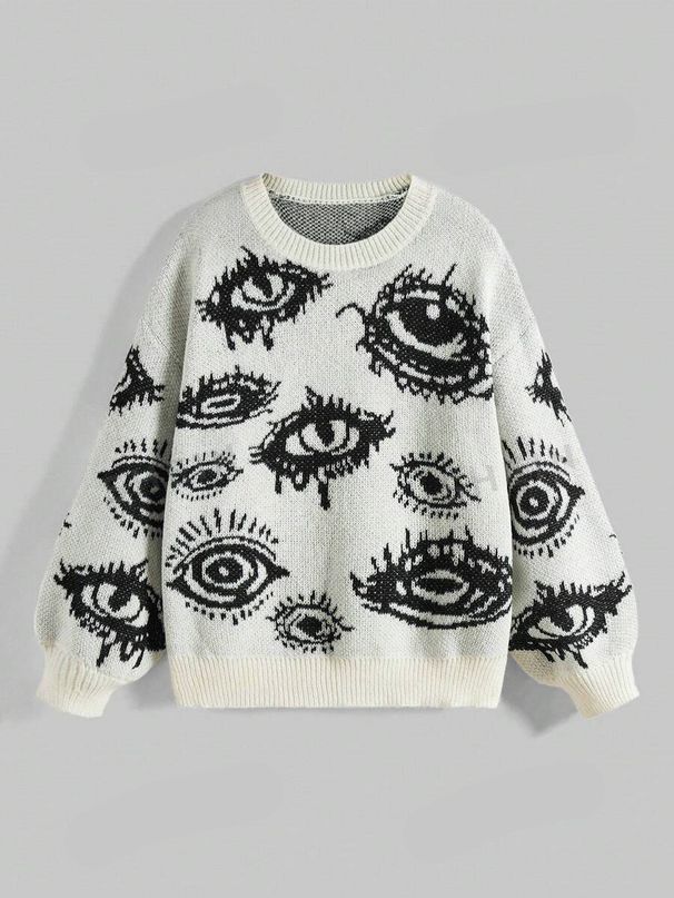 Men's & Women's Oversized Sweater - Unique Jacquard Pattern Crewneck Long Sleeve Knitwear, Cozy Winter Pullover With Artistic Design_viptrois.com