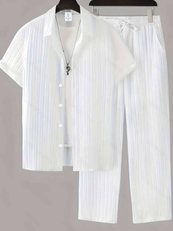 Men's Ribbed Short Sleeve Suit Set - Breathable Summer Office & Casual Outfit (Dark Gray, S-XXL)_viptrois.com