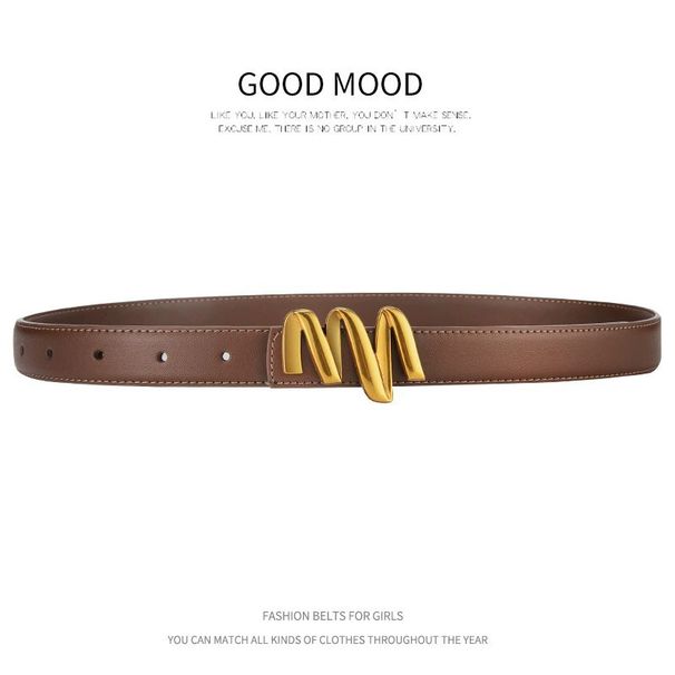 Ladies Trendy M Letter Smooth Buckle Genuine Cowhide Belt For Women All Match Casual Jeans Belt For Women_viptrois.com