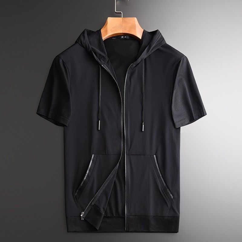 Men's Summer Short Sleeve T-Shirt Hooded Cardigan Loose plus Size Half Sleeve Breathable Quick Drying Thin High End Hoodie_viptrois.com
