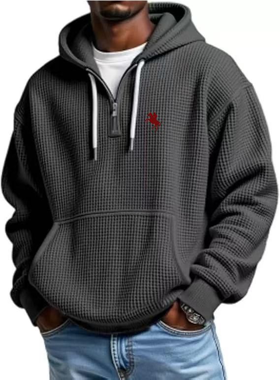 Men's Clothing European And American Trendy Waffle Hoodie With Pony Logo Print, Loose Fitting Casual Menswear_viptrois.com