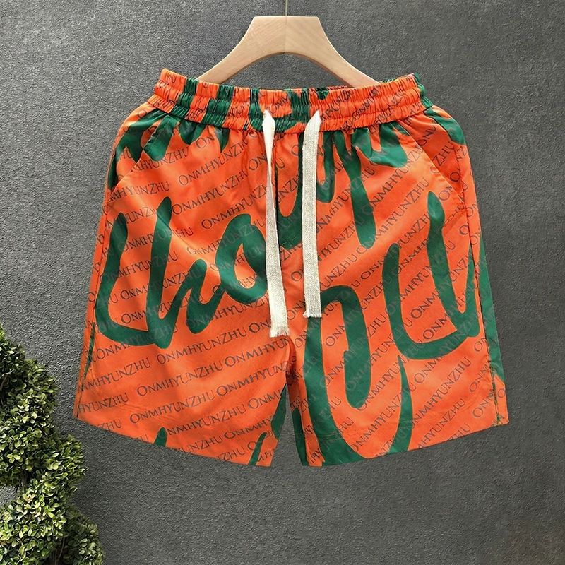 Men's Vintage American Streetwear Letter Print Shorts Loose Fit Casual 5-Inch Inseam Straight Leg Beach Shorts_viptrois.com