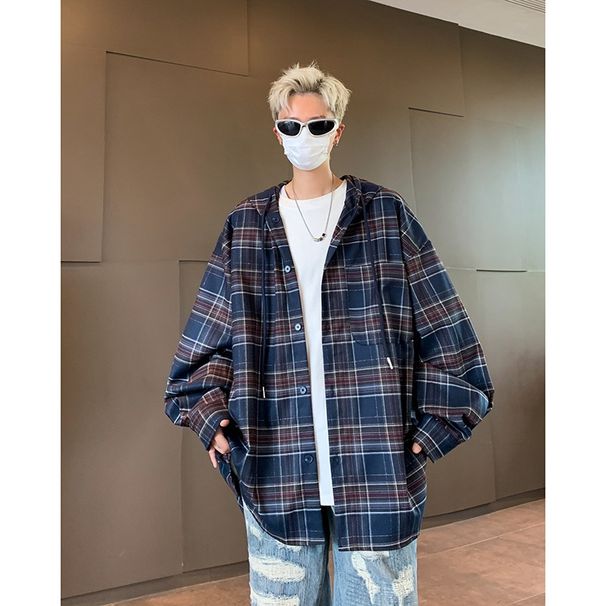 Hooded Shirt Jacket Men's Trendy Design, High-end Retro Long Sleeved Plaid Shirt Jacket_viptrois.com