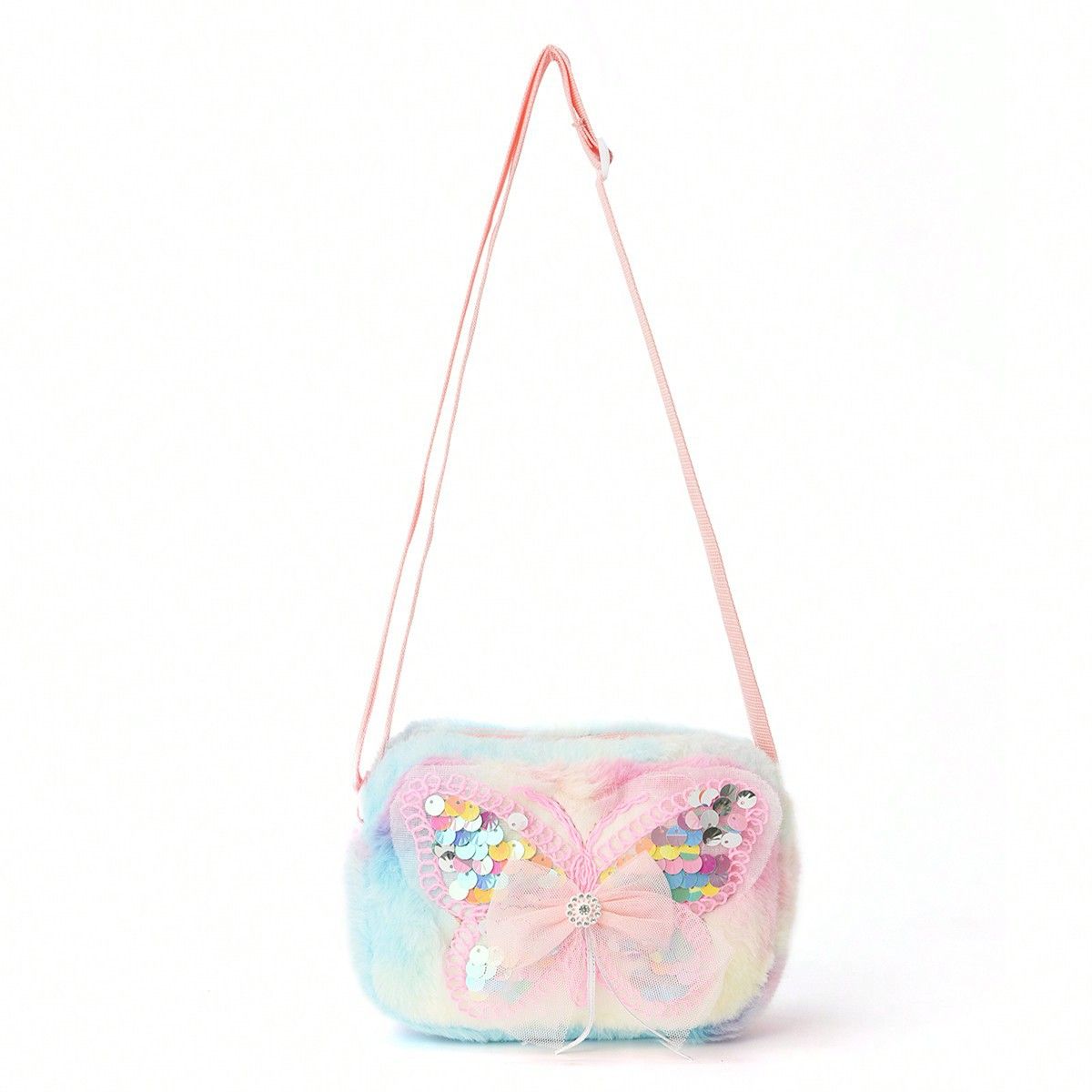 Girls Pink Butterfly Cartoon Print Messenger Bag Kawaii Colorful Plush Outing Small Square Bag Furry_viptrois.com
