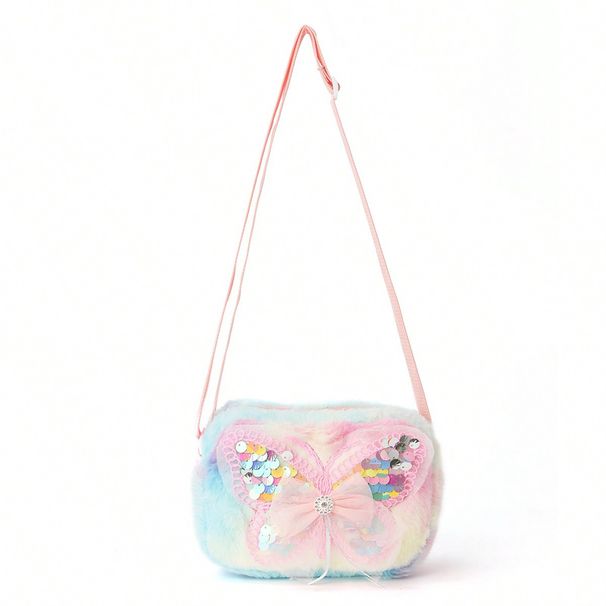 Girls Pink Butterfly Cartoon Print Messenger Bag Kawaii Colorful Plush Outing Small Square Bag Furry_viptrois.com