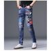 Men's Slim Straight Blue Distressed Jeans With Patchwork & Ripped Details For Spring & Summer_viptrois.com