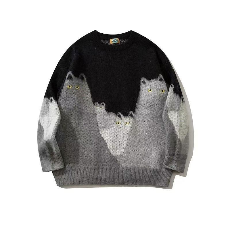 Unisex Cartoon Cat Jacquard Sweater – Trendy Oversized Knit, European Sizing (S-2XL, Black/Bluish)_viptrois.com