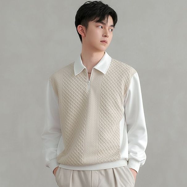 Trend Fashion Men Polo Shirts Spring Autumn New Lapel Half Zipper Fake Two Pieces Contrast Color Korean Casual Long Sleeve Tops_viptrois.com
