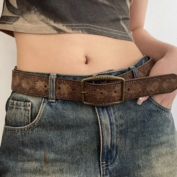 Pattern Print Retro Y2K Belt For Women Luxury Designer Brand Buckle Pin Waist Belt Female Pu Leather Hip Hop Fashion Bund_viptrois.com