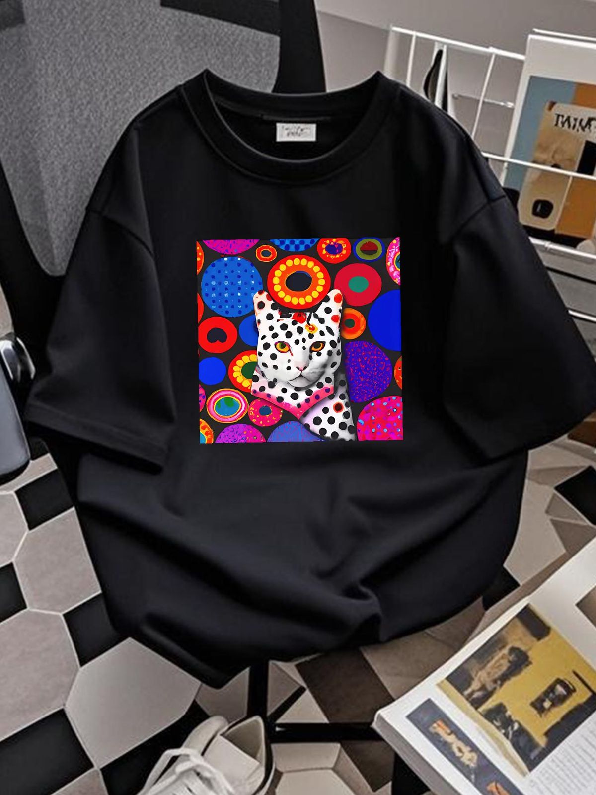 Cat T Shirt Abstract Cool Art Feline DreamCat Psychedelic Polka Dot Crazy Casual Stretched Summer Versatile Stylish Top For Everyday Wear_viptrois.com