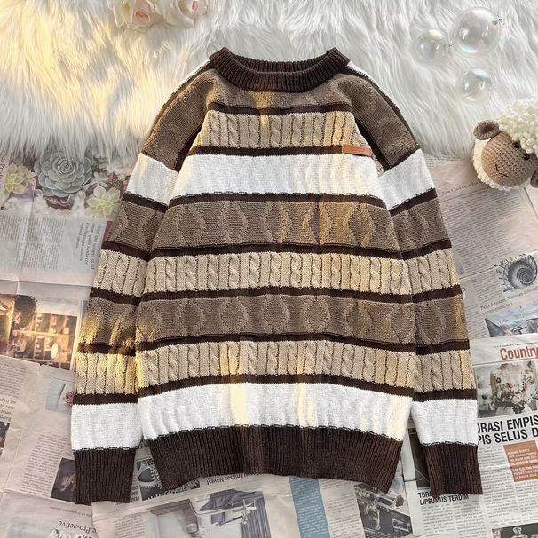 Men’s Striped Knit Sweater – Oversized Drop Shoulder Pullover With Contrast Color Blocking, Long Sleeve Casual Streetwear Top For Winter_viptrois.com