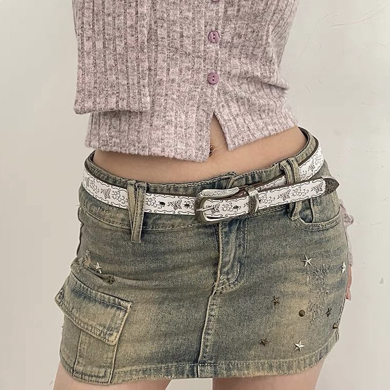 American Western distressed studded butterfly embossed belt, versatile and delicate Y2K style spicy girl belt_viptrois.com