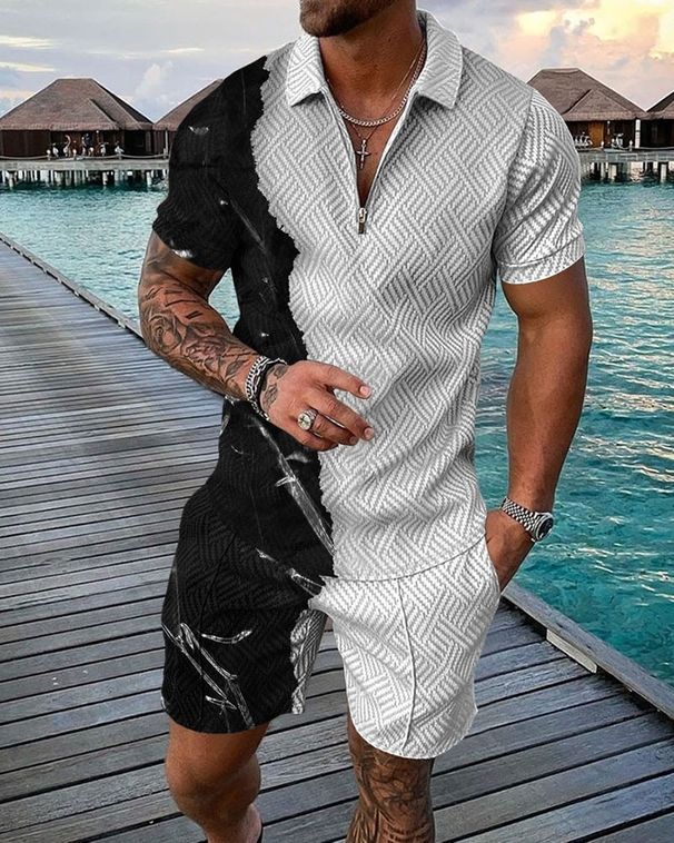 Men's Striped Zip-Up Polo Shirt & Shorts Set – Breathable Summer Casual Outfit (Quick-Dry Polyester, S-6XL, 20+ Colors)_viptrois.com