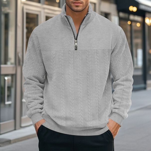 Men's Stand Collar Zip-Up Sweatshirt – Heavyweight Jacquard Pullover (Relaxed Fit, Winter Casual)_viptrois.com