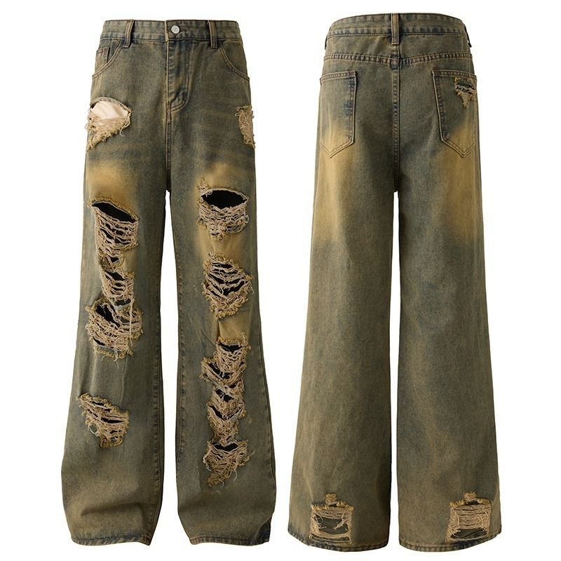 Men's Post-Apocalyptic Style Distressed Denim Jeans High-Waisted Straight Leg Wide Leg Baggy Trousers For Retro Streetwear_viptrois.com