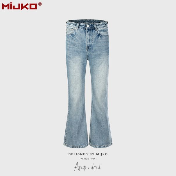 Men's Clothing Urban Washed Trousers Distressed Micro Flared Blue Jeans_viptrois.com