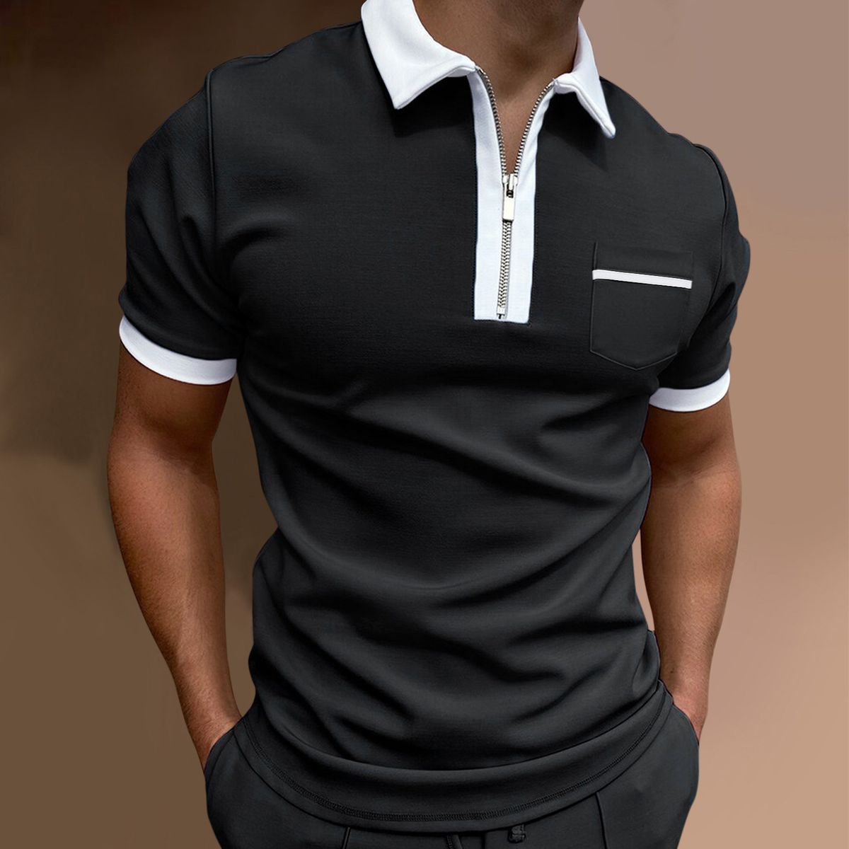 Men's Short-sleeved T-shirt Slim Fit Patchwork Zipper Turn Down Collar Men Golf Polo Summer T-Shirts Streetwear Breathable_viptrois.com