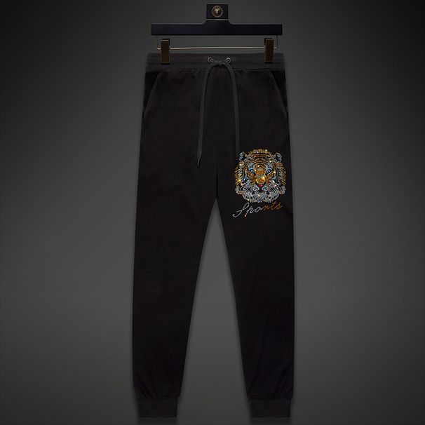 Men's Clothing Straight Casual Pants Men's Drape Pants Hot Diamond Tiger Head Summer Ice Silk Pants Black Plus Size_viptrois.com