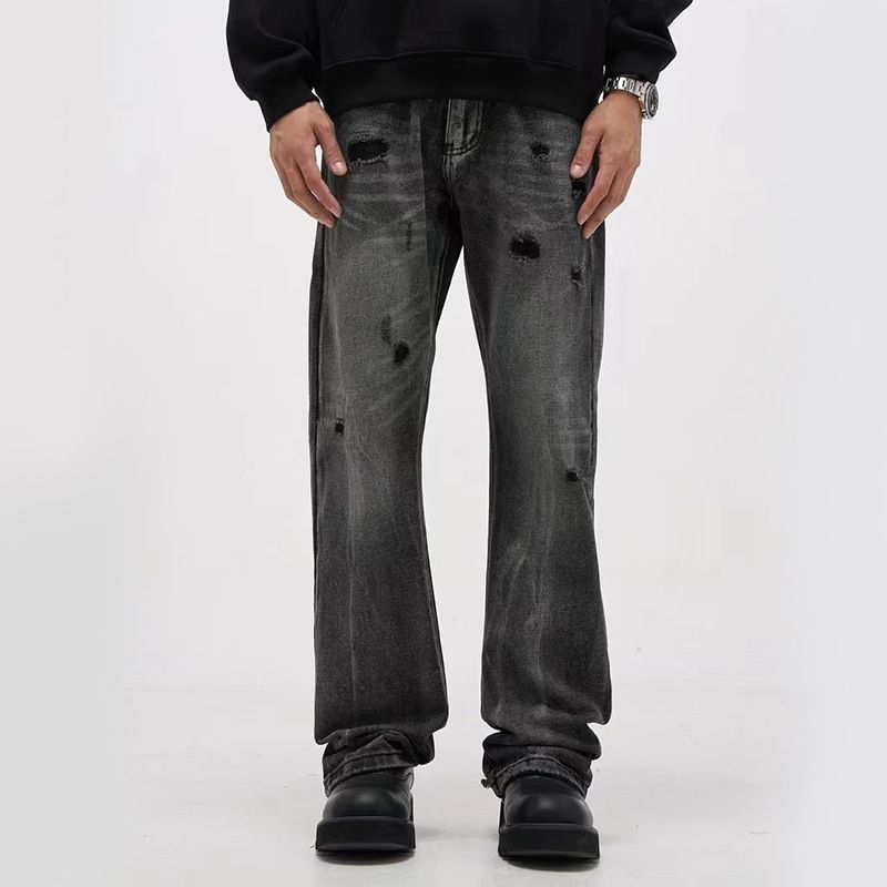 Men's Clothing high street black and gray washed ripped jeans men's straight slim retro casual pants_viptrois.com