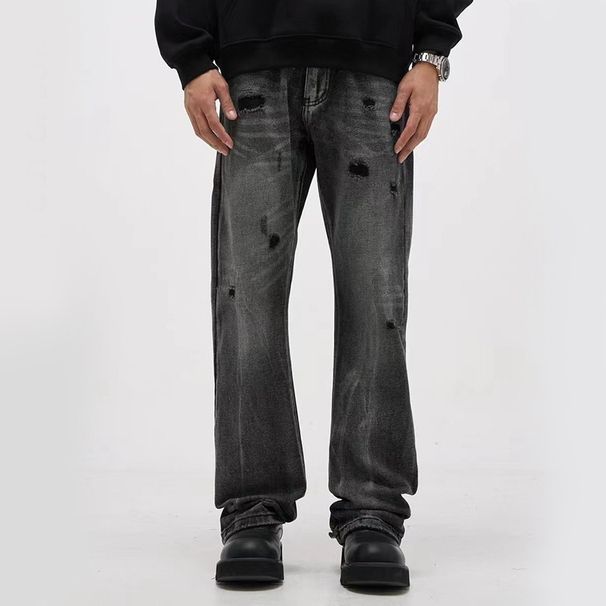 Men's Clothing high street black and gray washed ripped jeans men's straight slim retro casual pants_viptrois.com