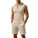 Men's Clothing Summer Men's Casual Sports Set Loose Knit Drawstring Waffle Sleeveless Hooded Vest And Shorts Style_viptrois.com