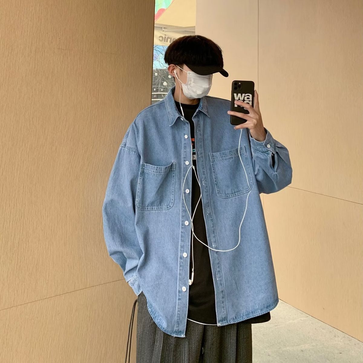 Retro Solid Color Long Sleeved Denim Shirt, Men's And Women's Trendy Brand Street Loose Workwear Shirt_viptrois.com