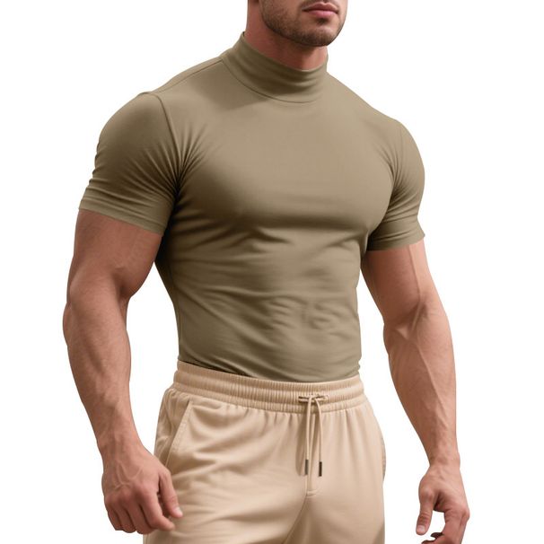 Men's High Neck Short Sleeve T-Shirt Summer Fashion Casual Tight Fit Solid Color Base Layer Thin Shirt_viptrois.com