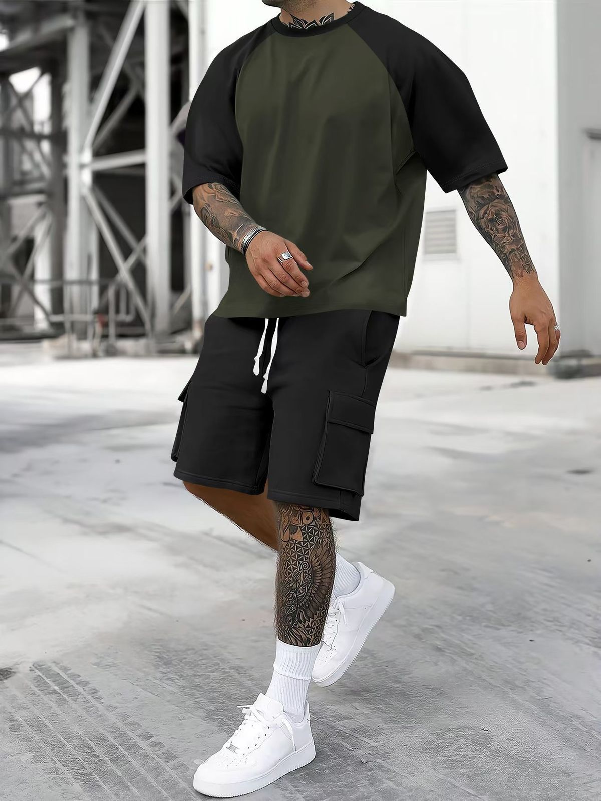 "Men's Summer Casual Short Sleeve T-Shirt & Cargo Shorts 2-Piece Set - Breathable Polyester Blend, Streetwear Style S-XXXL (Yellow Caramel, Gray)"_viptrois.com