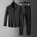 Men's Clothing Lightweight Bubble Yarn Striped Wrinkle-Resistant Shirt Set With Stand Collar, Breathable & Comfortable Long Sleeve Top For Casual_viptrois.com