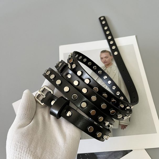 Hot girl punk style rivets decorated double thin belt subculture millennium y2k dark double circle ring belt_viptrois.com